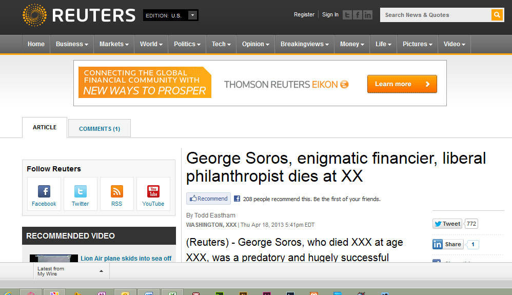 Oops! This Just In… George Soros Still Alive Despite Peekaboo Appearance of Reuters Draft Obituary